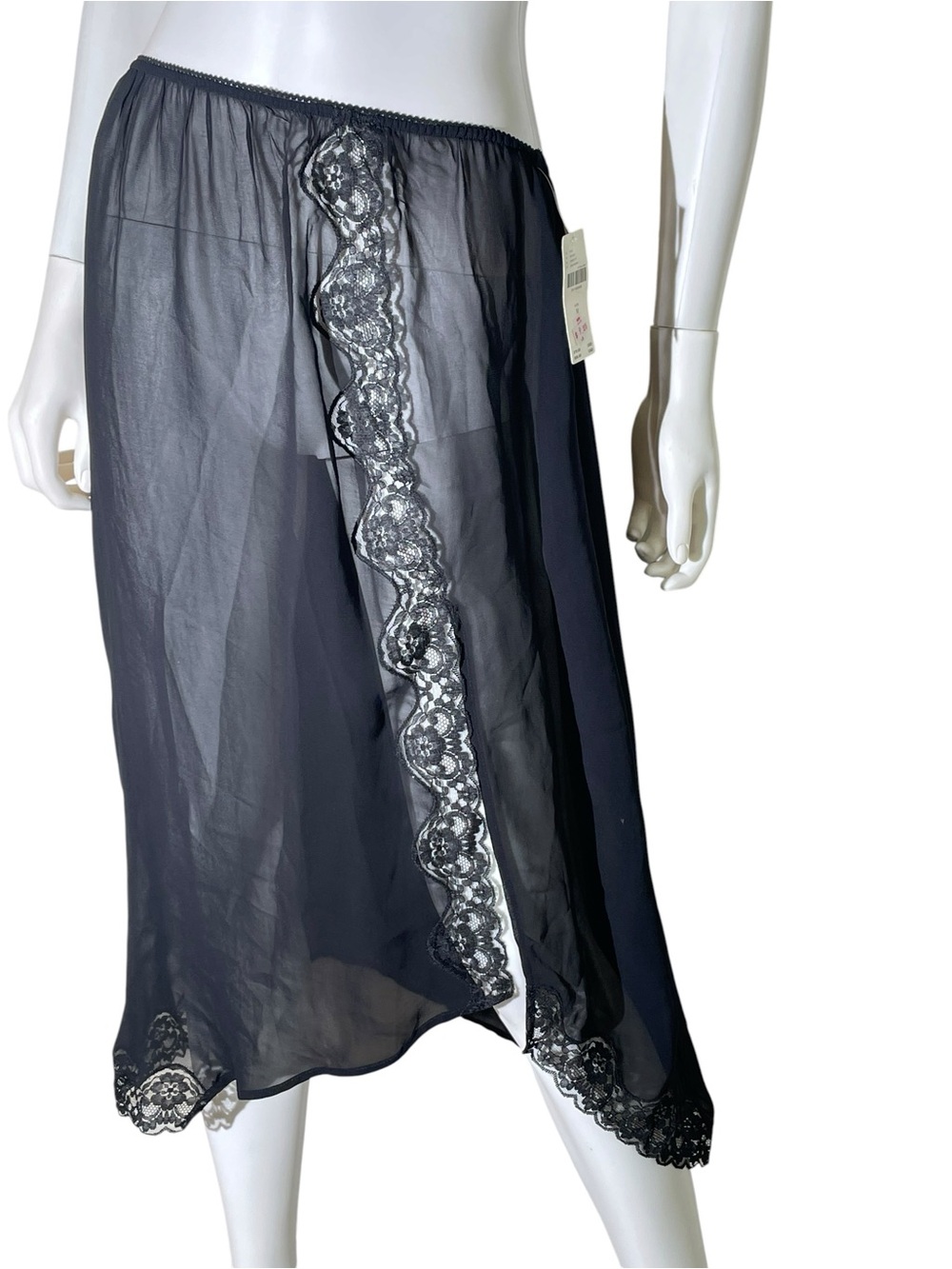 Anthropologie Sheer Mesh Lace-Trim Asymmetrical Midi Skirt Sz M Black Romantic - Picture 6 of 12